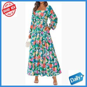 Floral Maxi Dress Long Sleeve Square Neck Boho A-Line Wedding Guest Casual